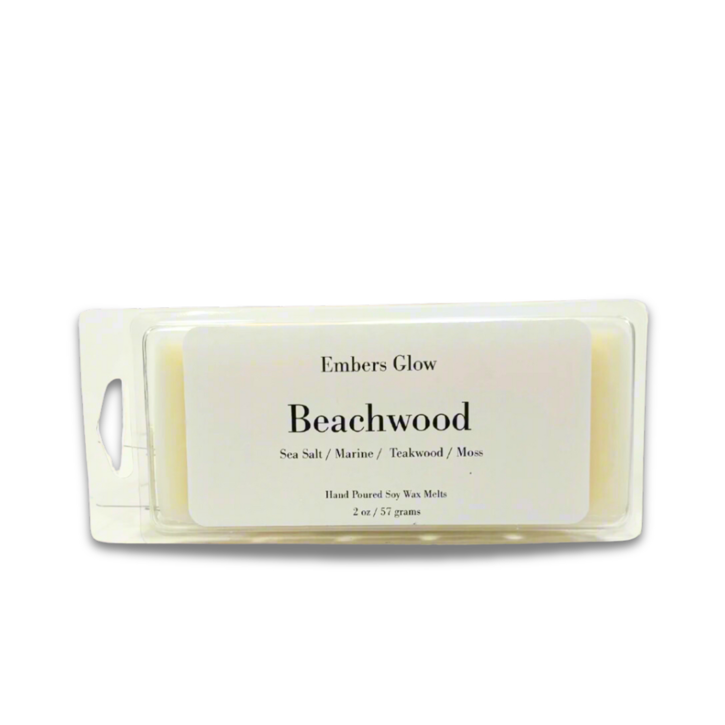 2 oz Beachwood wax melt with notes of sea salt, sage, and driftwood, perfect for creating a serene, coastal atmosphere.