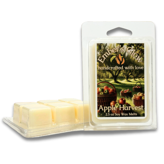 2.5 oz Apple Harvest soy wax melts with 6 cubes, featuring a crisp blend of fresh apples, cinnamon, and fall spices, made from natural soy for a long-lasting, eco-friendly fragrance.