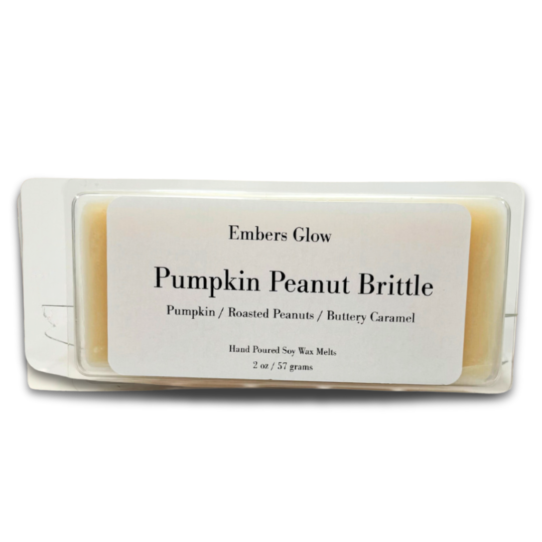 2 oz Pumpkin Peanut Brittle soy wax melts with a cozy blend of spiced pumpkin and sweet, nutty brittle, made from natural soy for long-lasting, eco-friendly fragrance.