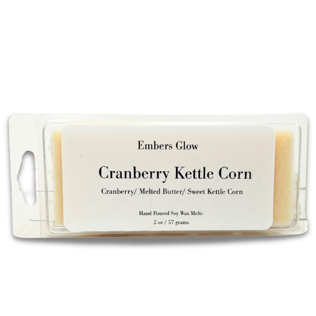 2 oz Cranberry Kettle Corn soy wax melts with a sweet cranberry and warm kettle corn scent, made from natural soy for long-lasting fragrance and eco-friendly ambiance.