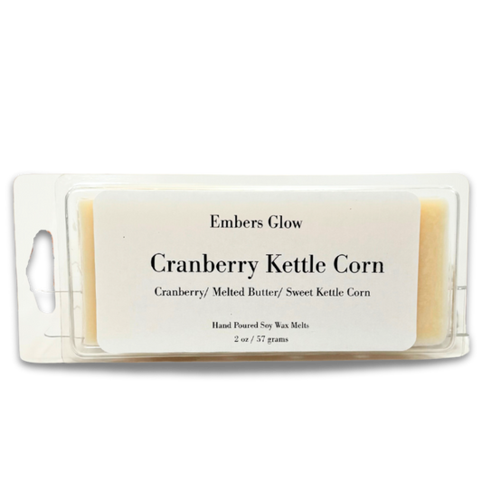 2 oz Cranberry Kettle Corn soy wax melts with a sweet cranberry and warm kettle corn scent, made from natural soy for long-lasting fragrance and eco-friendly ambiance.