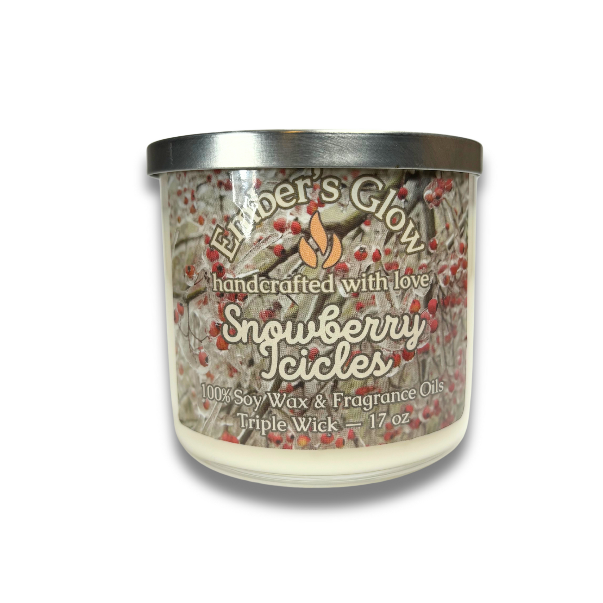 Hand-poured 17 oz three-wick soy wax candle in the Snowberry Icicles scent, combining crisp winter berries with frosty mint and a hint of evergreen for a refreshing, cool aroma.