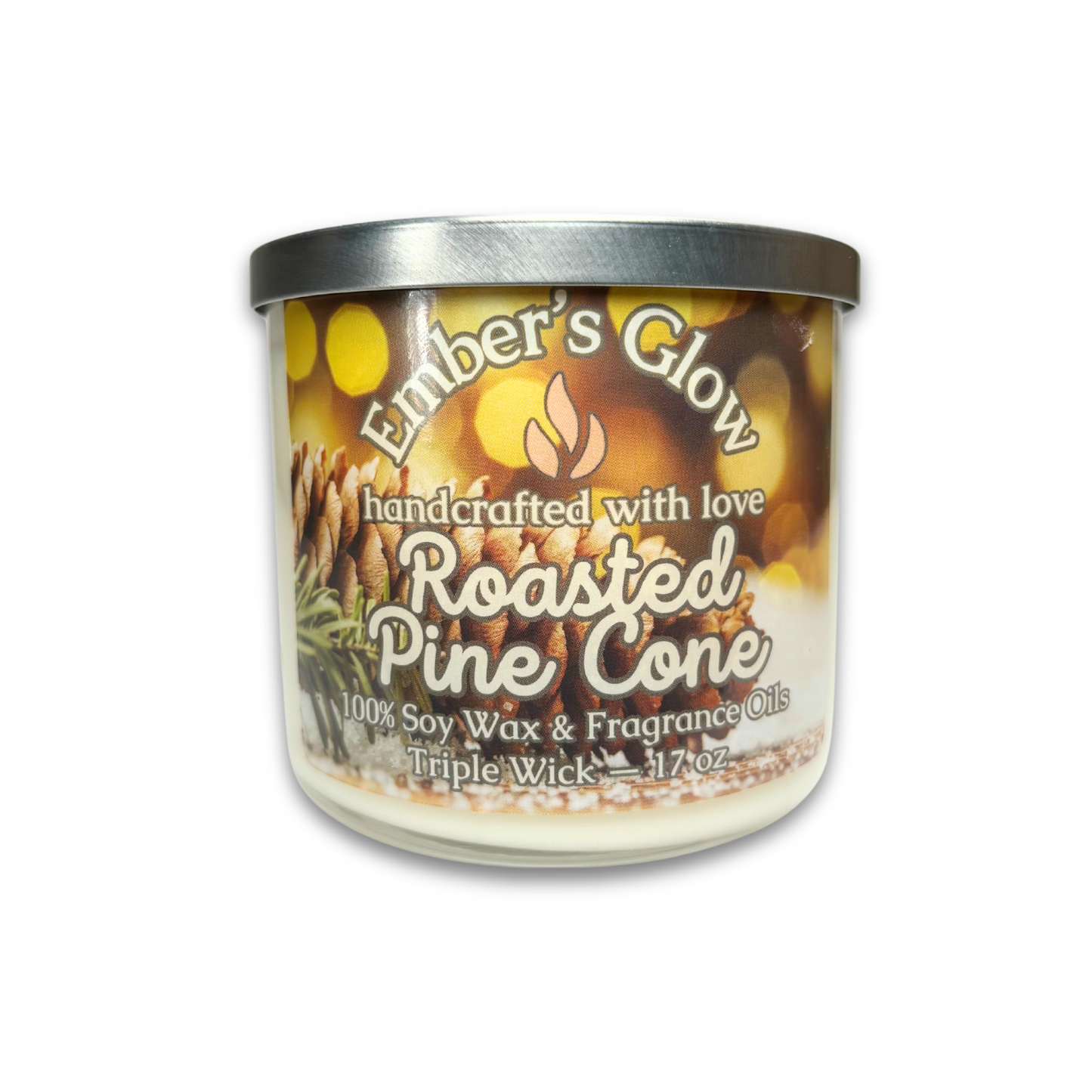 Hand-poured 17 oz three-wick soy wax candle in the Roasted Pine Cone scent, featuring notes of smoky pine, warm cedarwood, and earthy spices for a rustic, wintery aroma.