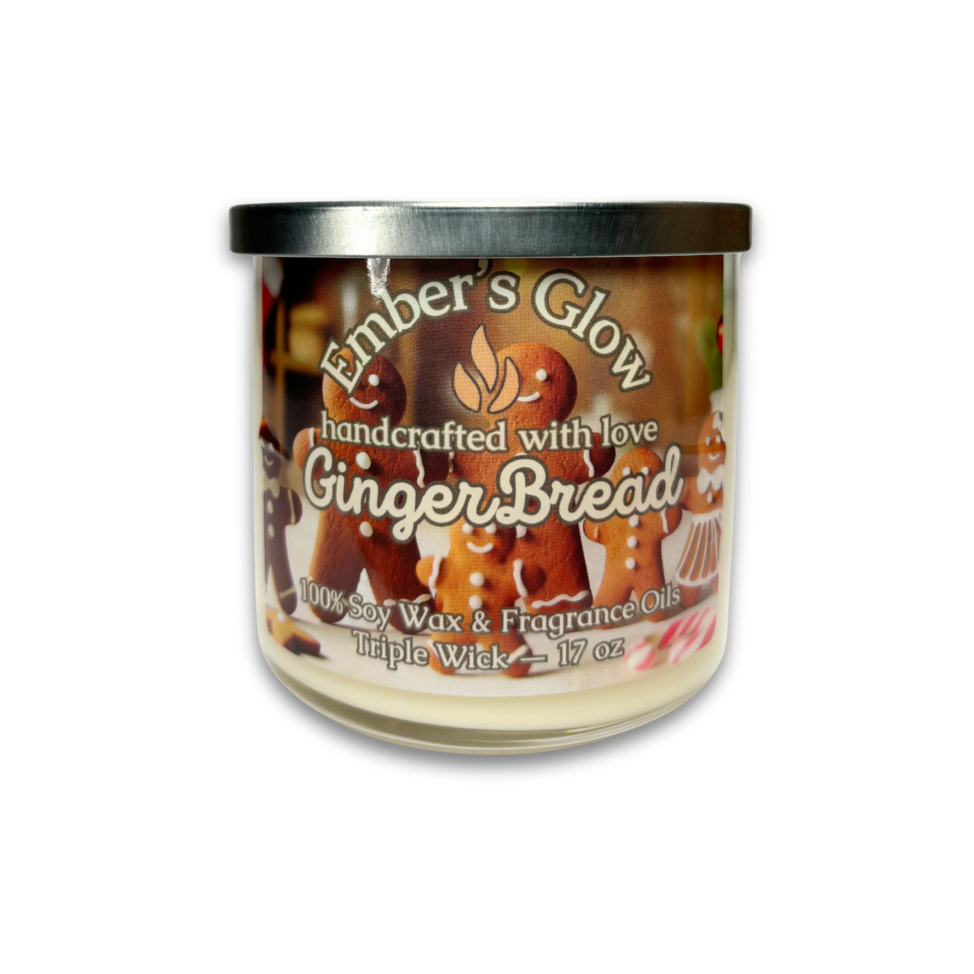 Hand-poured 17 oz three-wick soy wax candle in the Gingerbread scent, blending spicy ginger, cinnamon, and molasses to evoke the aroma of freshly baked holiday treats.