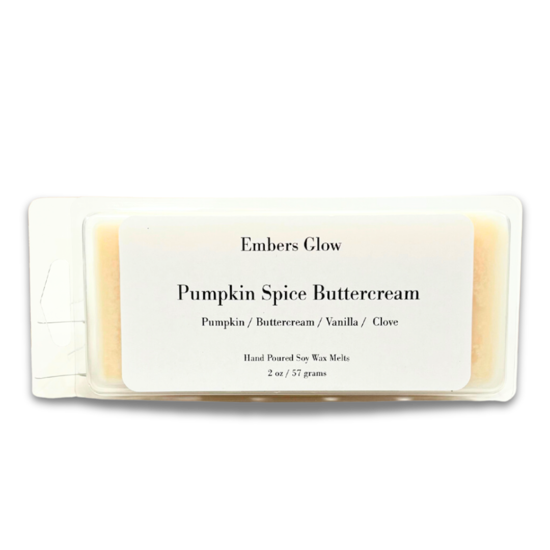 2 oz Pumpkin Spice Buttercream soy wax melts with a creamy blend of spiced pumpkin, cinnamon, and sweet buttercream frosting, made from natural soy for a long-lasting, eco-friendly scent.