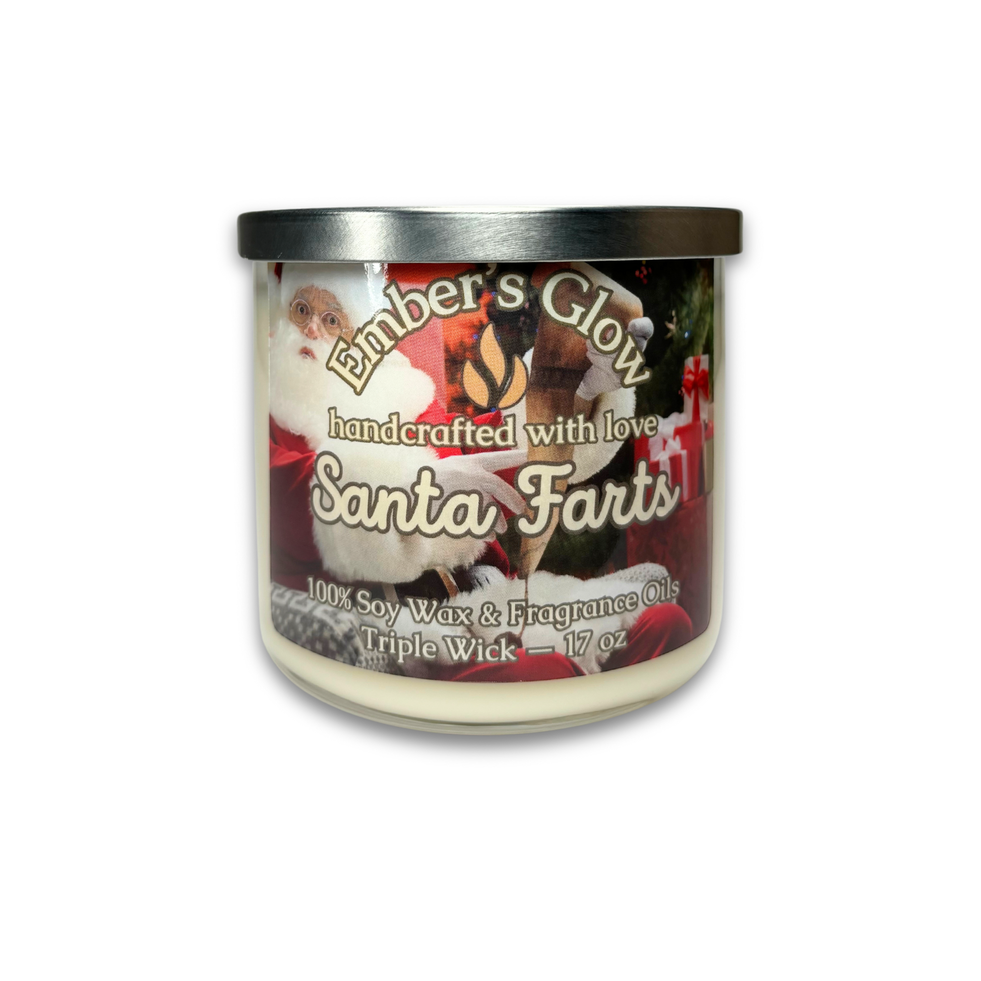 Hand-poured 17 oz three-wick soy wax candle in the Santa Farts scent, featuring a whimsical blend of peppermint, vanilla, and holiday spice for a fun and festive fragrance.