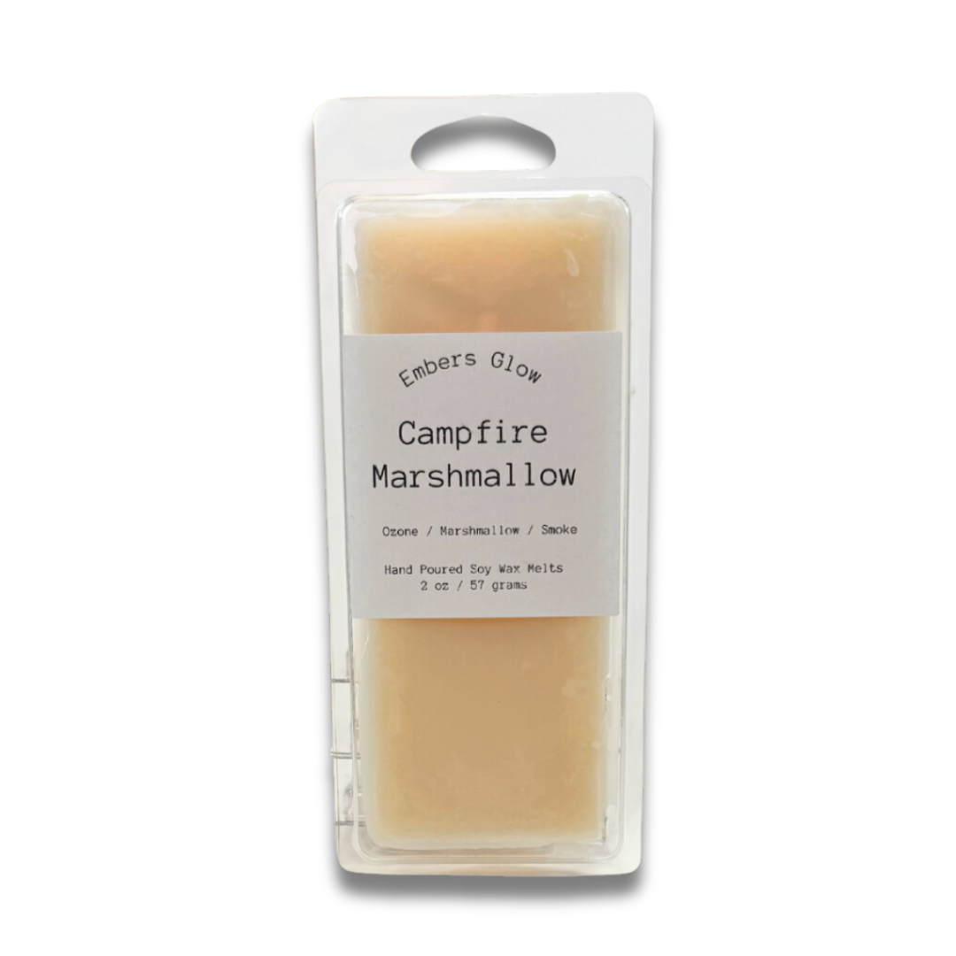 2 oz Campfire Marshmallow soy wax melts with a cozy blend of toasted marshmallow, warm vanilla, and smoky embers, made from natural soy for a long-lasting, eco-friendly fragrance.