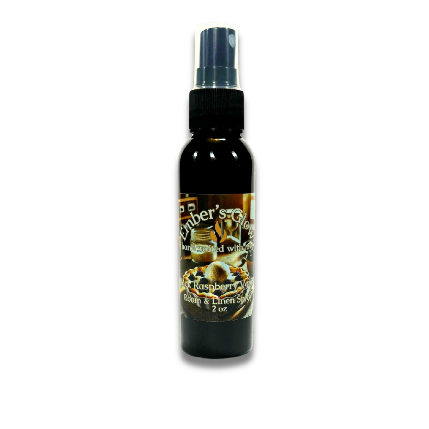 2 oz bottle of Black Raspberry Vanilla room spray, featuring vibrant raspberry and citrus notes, rich blackberry at the heart, and a smooth vanilla base, perfect for adding a fruity and comforting aroma to any space.